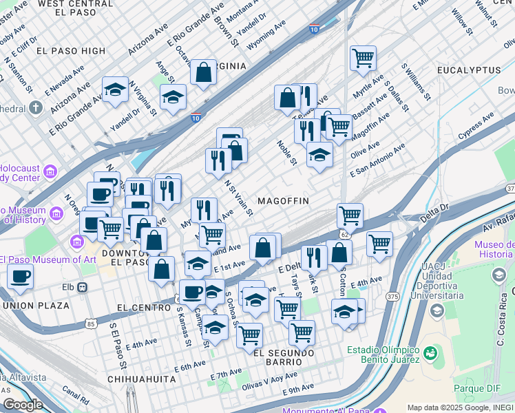 map of restaurants, bars, coffee shops, grocery stores, and more near 911 Olive Avenue in El Paso