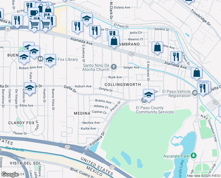 map of restaurants, bars, coffee shops, grocery stores, and more near 273 South Clark Drive in El Paso