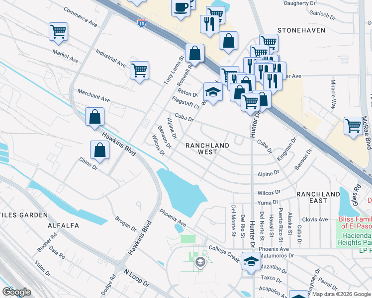 map of restaurants, bars, coffee shops, grocery stores, and more near 7314 Alpine Drive in El Paso