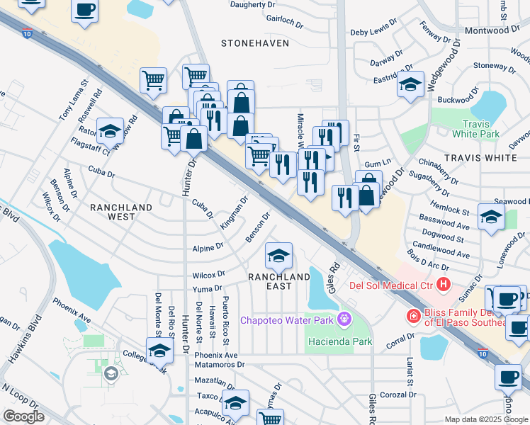 map of restaurants, bars, coffee shops, grocery stores, and more near 7680 Gateway Boulevard East in El Paso