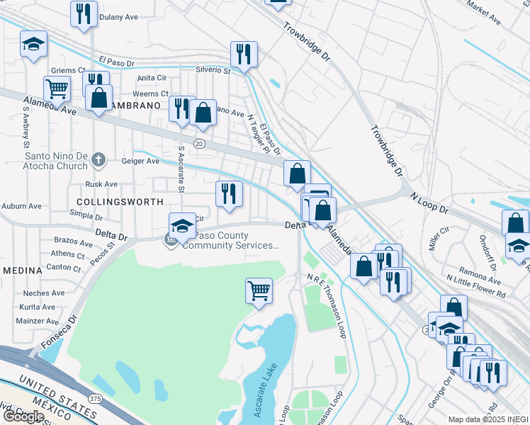 map of restaurants, bars, coffee shops, grocery stores, and more near 303 Malaga Place in El Paso