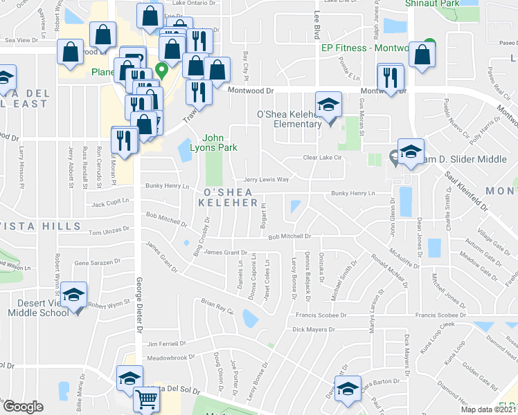 map of restaurants, bars, coffee shops, grocery stores, and more near 1721 Bogart Place in El Paso