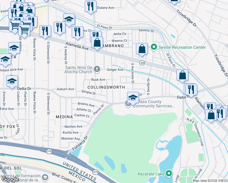 map of restaurants, bars, coffee shops, grocery stores, and more near 308 Cargill Street in El Paso