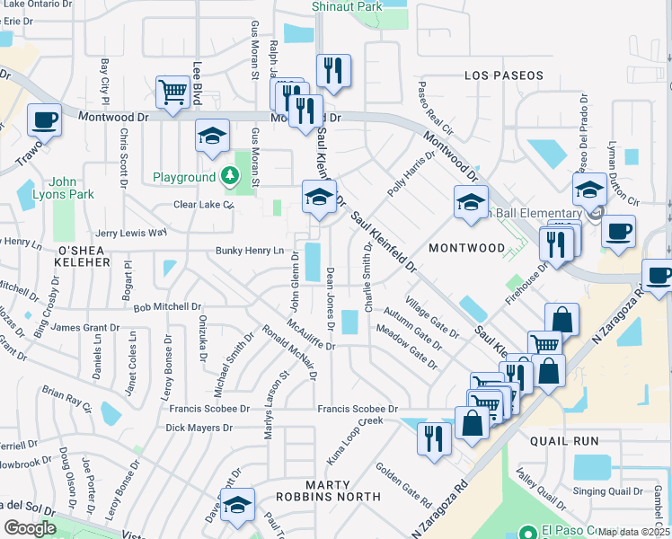 map of restaurants, bars, coffee shops, grocery stores, and more near 1812 Dean Jones Drive in El Paso