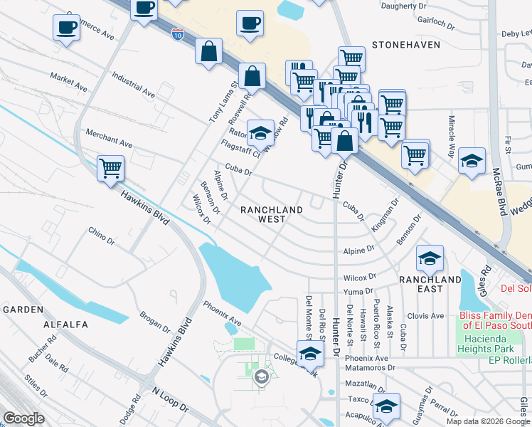 map of restaurants, bars, coffee shops, grocery stores, and more near 7318 Kingman Drive in El Paso