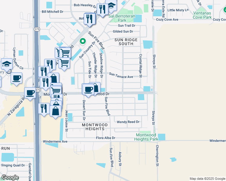 map of restaurants, bars, coffee shops, grocery stores, and more near 12516 Crystal Ridge Street in El Paso