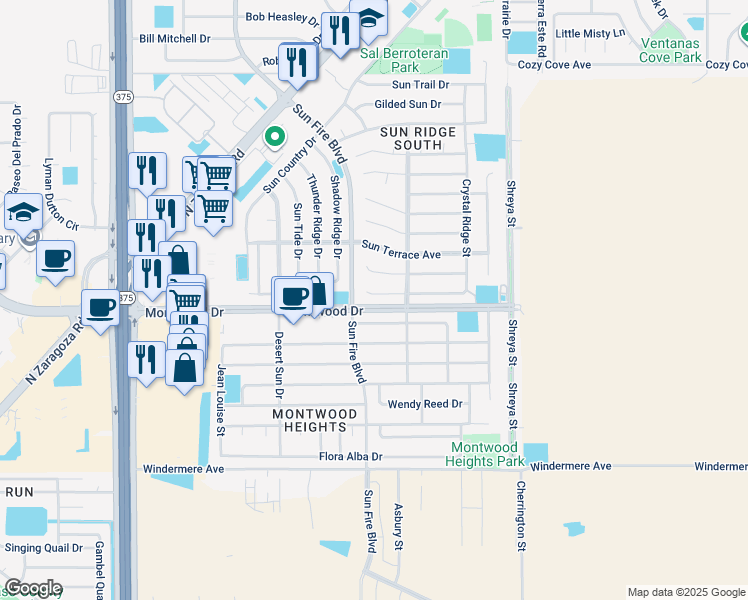 map of restaurants, bars, coffee shops, grocery stores, and more near 12516 Crystal Ridge Street in El Paso