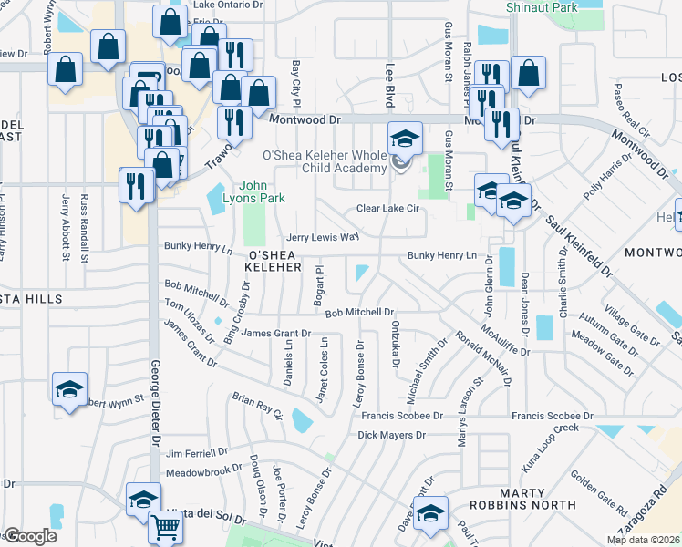map of restaurants, bars, coffee shops, grocery stores, and more near 1777 Alan Shepard Lane in El Paso