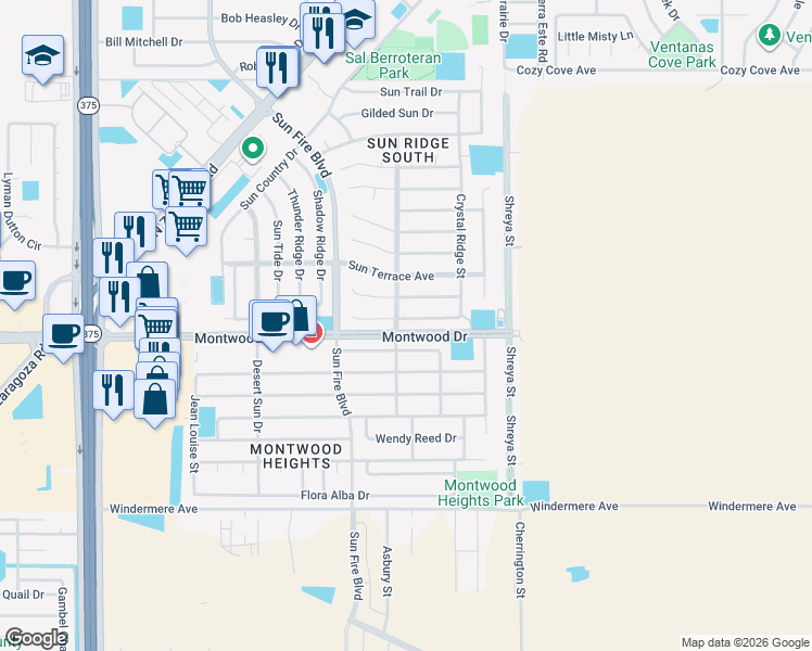 map of restaurants, bars, coffee shops, grocery stores, and more near 12600 Crystal Ridge Street in El Paso