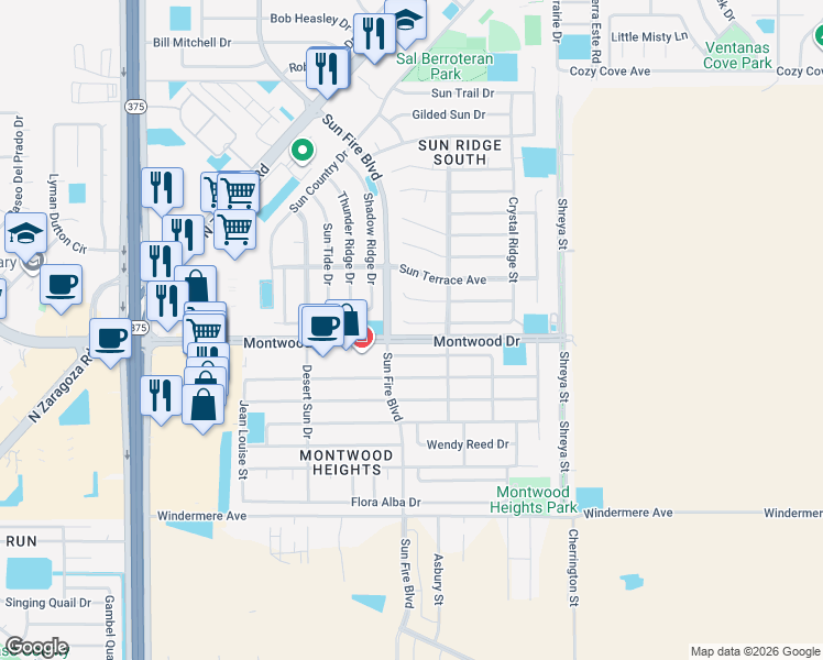 map of restaurants, bars, coffee shops, grocery stores, and more near 12516 Crystal Ridge Street in El Paso