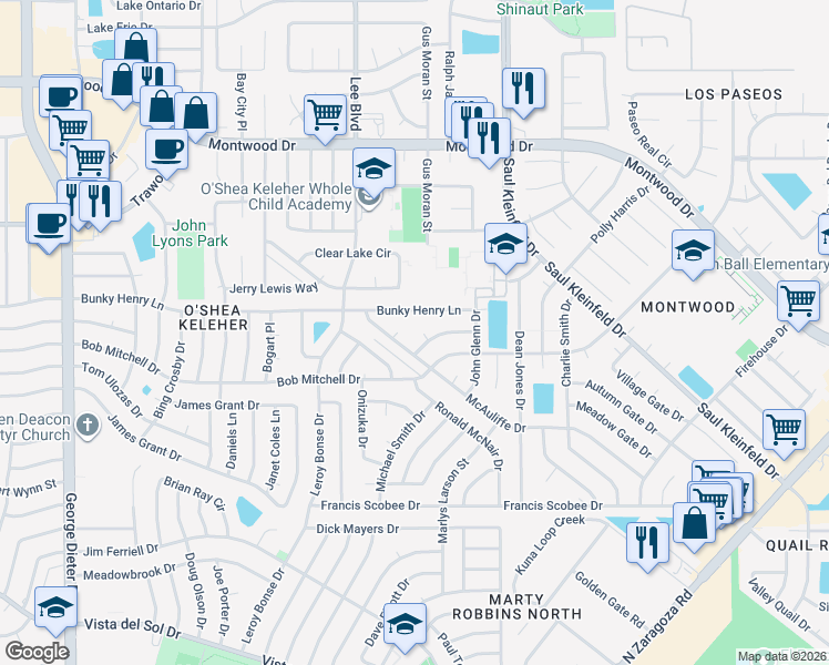 map of restaurants, bars, coffee shops, grocery stores, and more near 1821 Ed White Way in El Paso