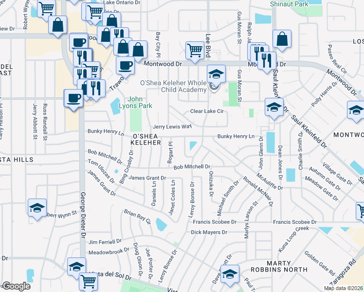 map of restaurants, bars, coffee shops, grocery stores, and more near 1777 Alan Shepard Lane in El Paso