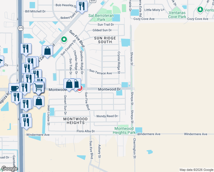 map of restaurants, bars, coffee shops, grocery stores, and more near 12600 Crystal Ridge Street in El Paso