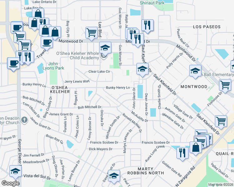map of restaurants, bars, coffee shops, grocery stores, and more near 1821 Ed White Way in El Paso