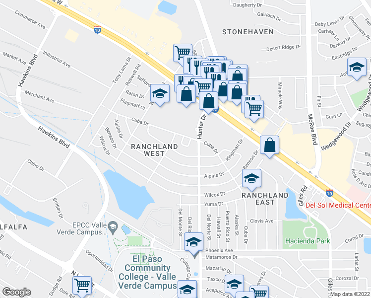 map of restaurants, bars, coffee shops, grocery stores, and more near 1609 Globe Circle in El Paso