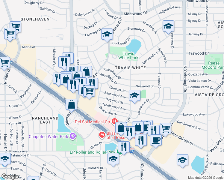 map of restaurants, bars, coffee shops, grocery stores, and more near 7824 Hemlock Street in El Paso