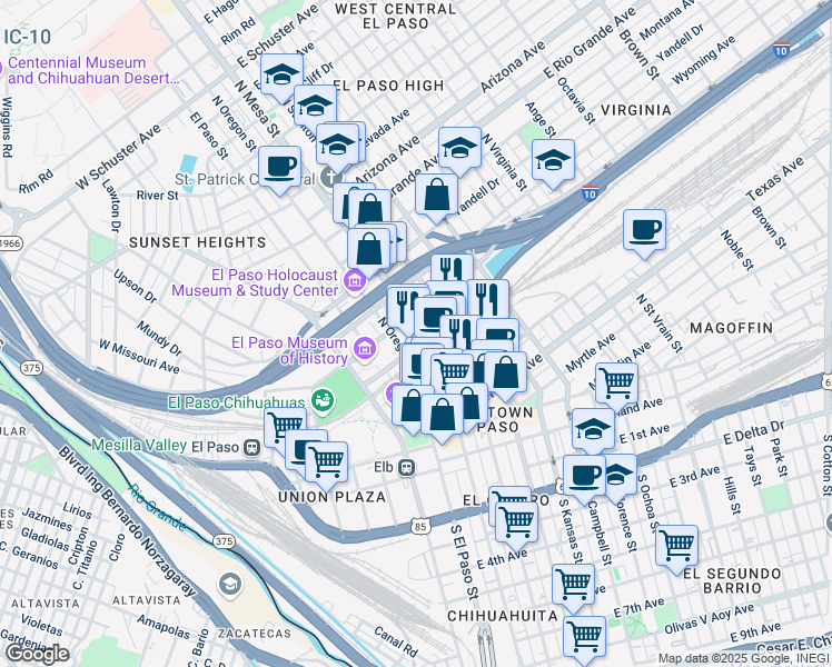map of restaurants, bars, coffee shops, grocery stores, and more near 501 North Mesa Street in El Paso