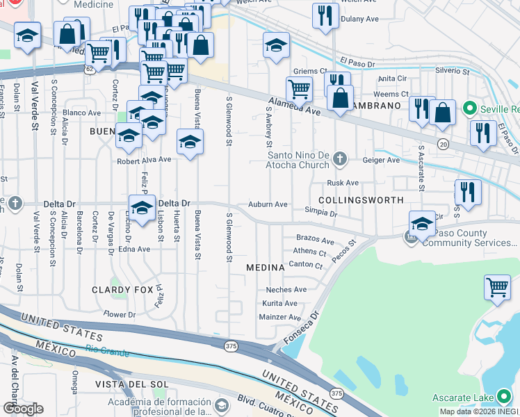 map of restaurants, bars, coffee shops, grocery stores, and more near 5712 Auburn Avenue in El Paso