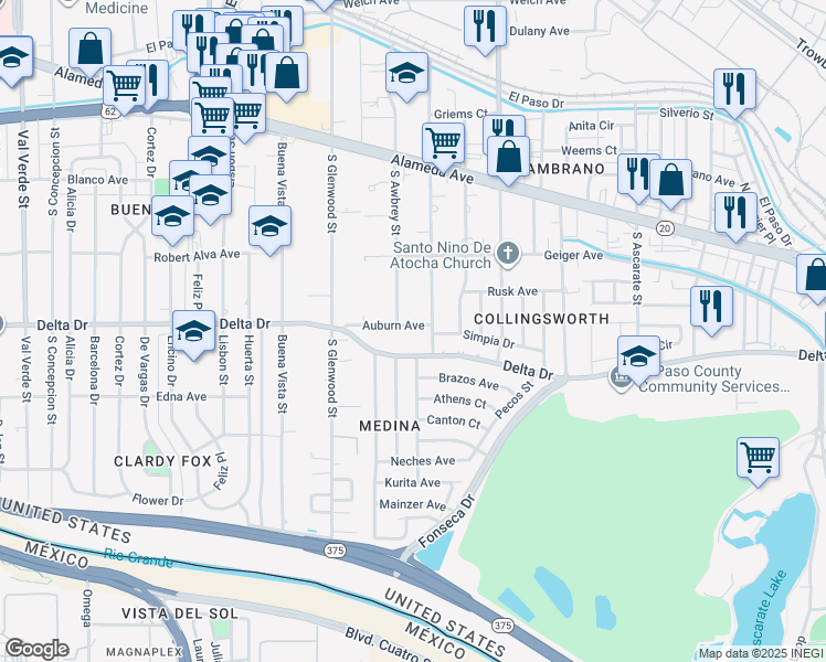 map of restaurants, bars, coffee shops, grocery stores, and more near 5834 Auburn Avenue in El Paso