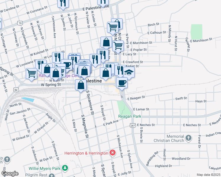 map of restaurants, bars, coffee shops, grocery stores, and more near 330 East Spring Street in Palestine