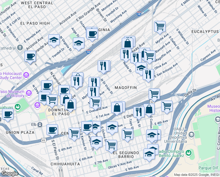 map of restaurants, bars, coffee shops, grocery stores, and more near 911 Olive Avenue in El Paso
