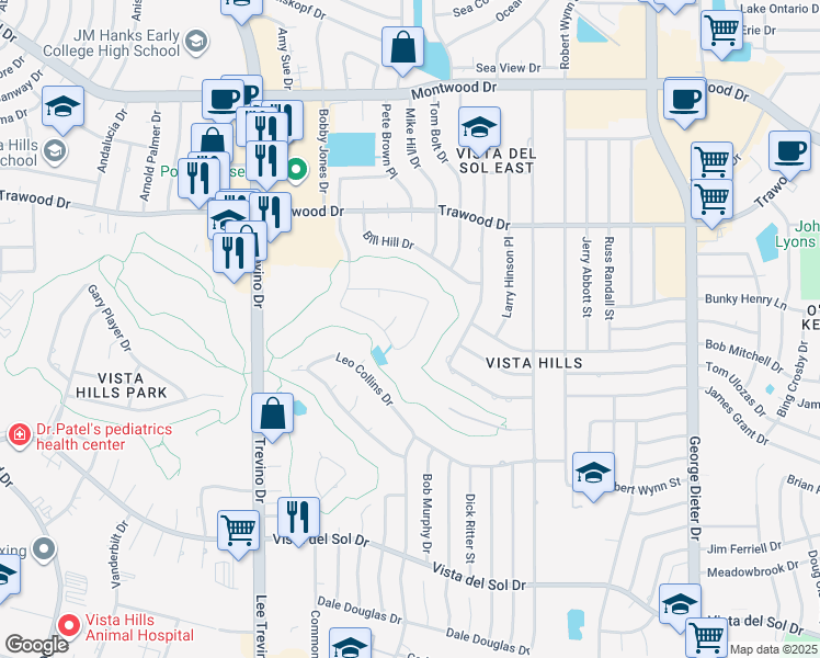 map of restaurants, bars, coffee shops, grocery stores, and more near 1661 Billy Casper Drive in El Paso