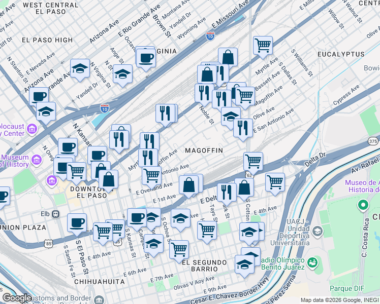 map of restaurants, bars, coffee shops, grocery stores, and more near 911 Olive Avenue in El Paso