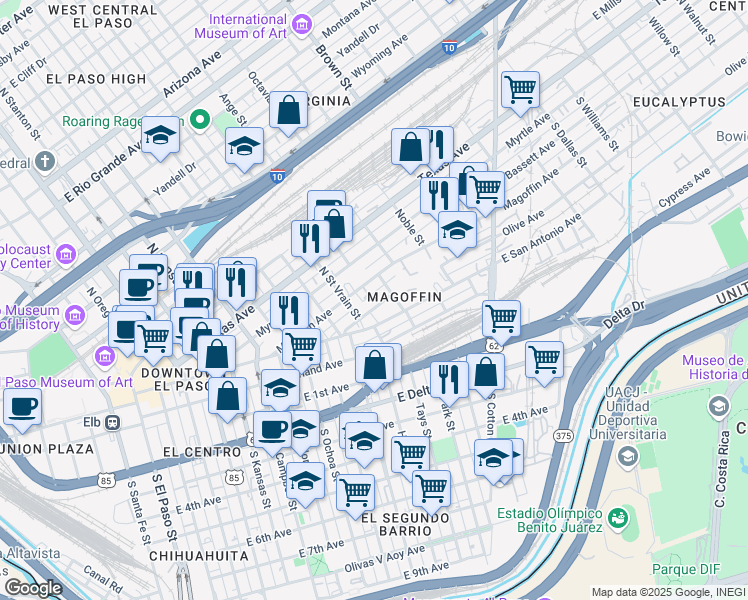map of restaurants, bars, coffee shops, grocery stores, and more near 911 Olive Avenue in El Paso