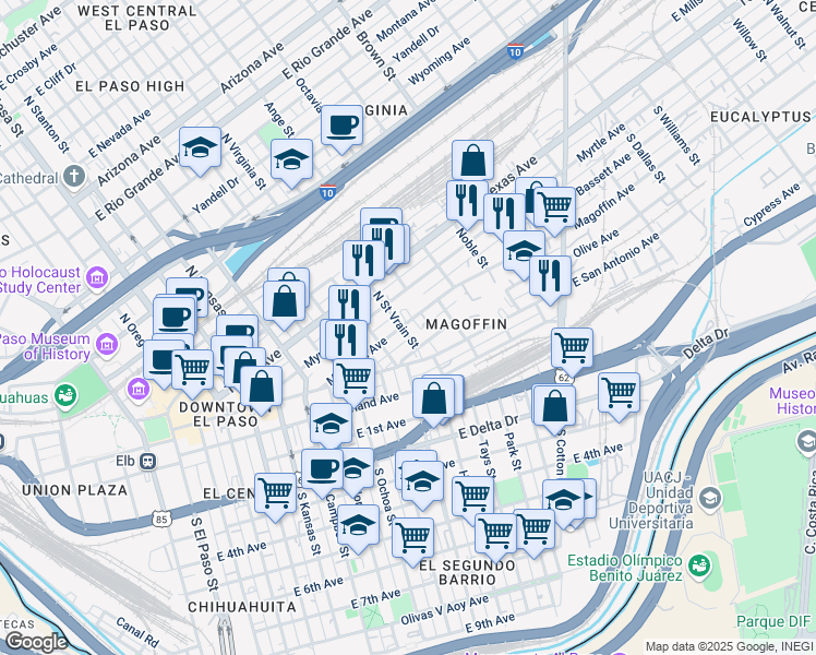 map of restaurants, bars, coffee shops, grocery stores, and more near 911 Olive Avenue in El Paso