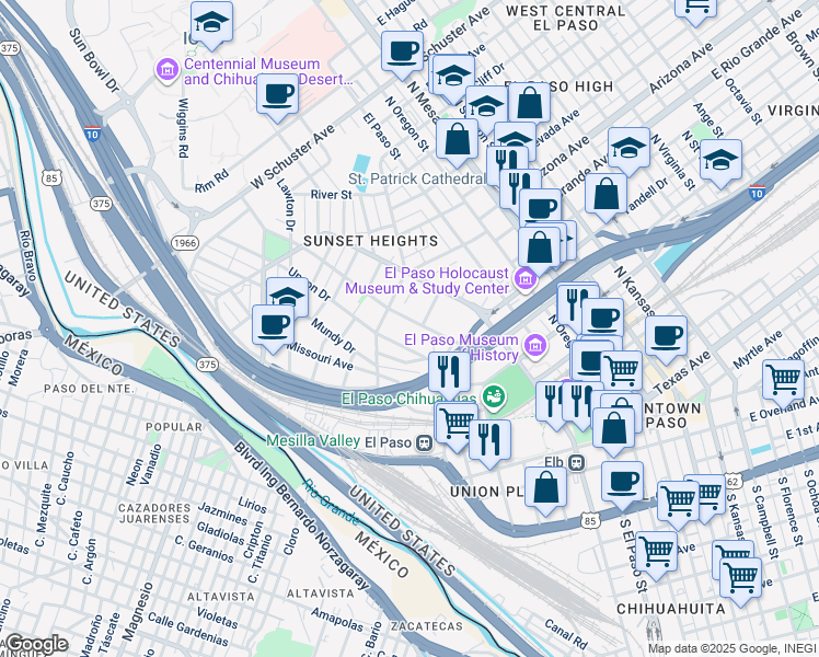 map of restaurants, bars, coffee shops, grocery stores, and more near 649 Upson Drive in El Paso