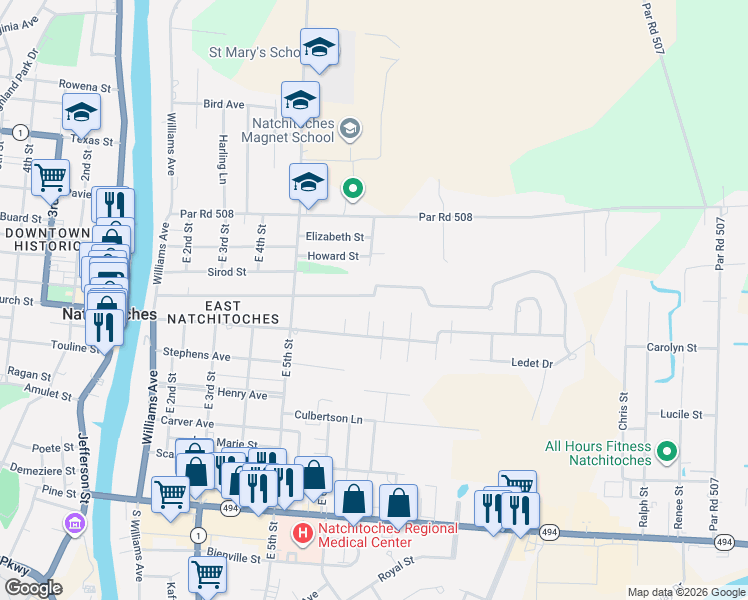 map of restaurants, bars, coffee shops, grocery stores, and more near 608 David Circle in Natchitoches
