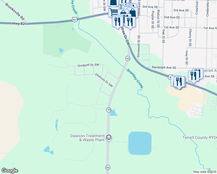 map of restaurants, bars, coffee shops, grocery stores, and more near 145 Pearson Drive Southwest in Dawson