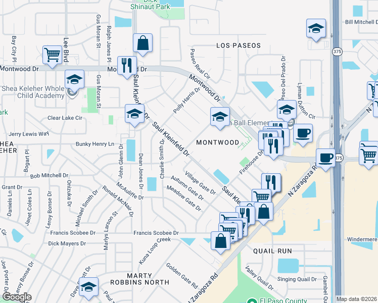 map of restaurants, bars, coffee shops, grocery stores, and more near 12001 Crest Gate Way in El Paso