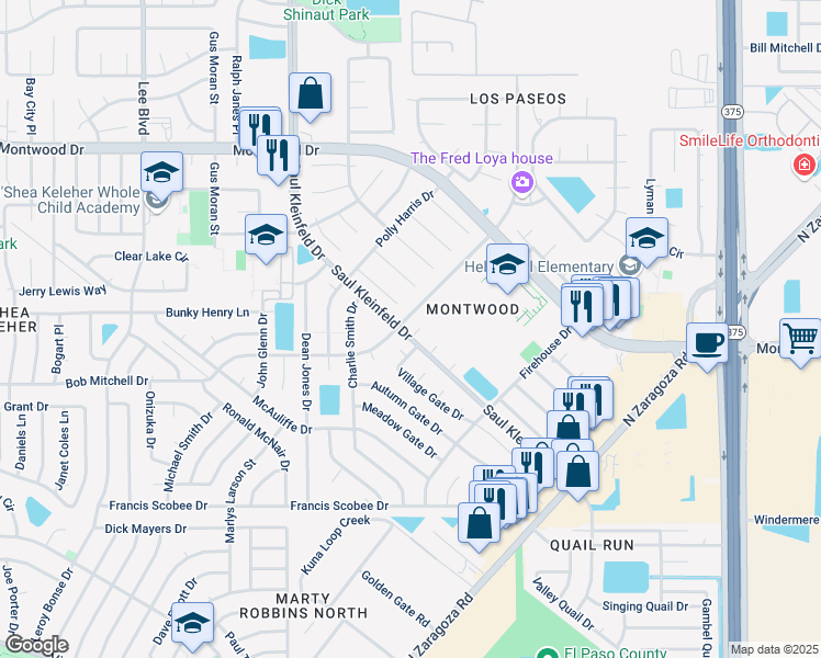map of restaurants, bars, coffee shops, grocery stores, and more near 1801 Garden Gate Way in El Paso