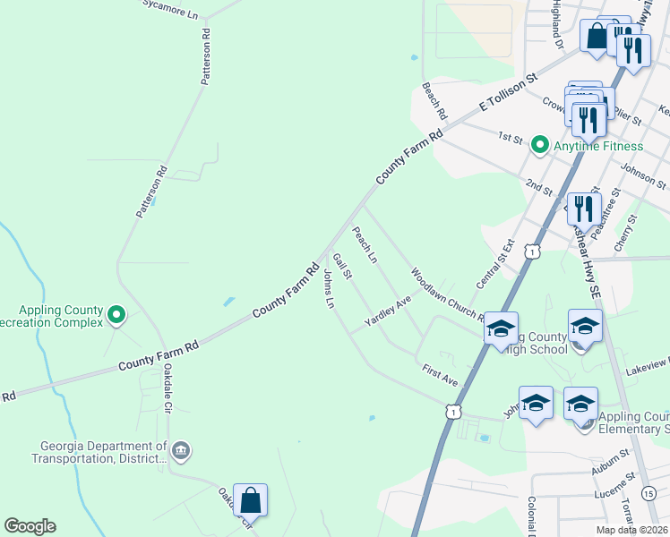 map of restaurants, bars, coffee shops, grocery stores, and more near Johns Lane in Baxley