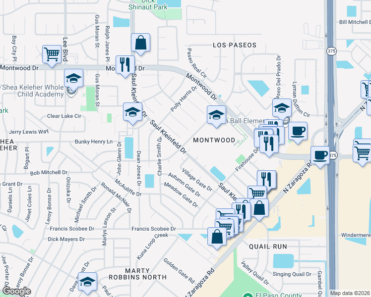 map of restaurants, bars, coffee shops, grocery stores, and more near 12001 Crest Gate Way in El Paso