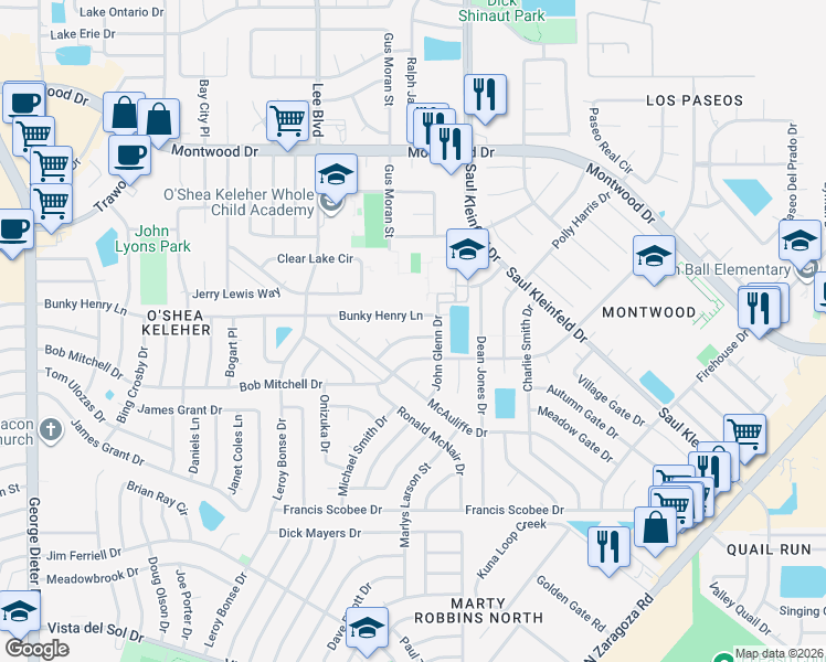 map of restaurants, bars, coffee shops, grocery stores, and more near 11732 Roger Chaffee Lane in El Paso