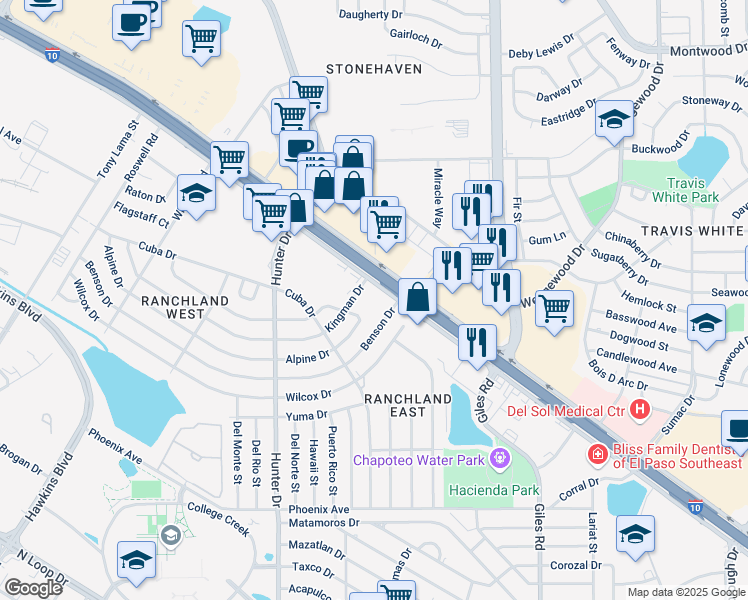 map of restaurants, bars, coffee shops, grocery stores, and more near 7680 Gateway Boulevard East in El Paso