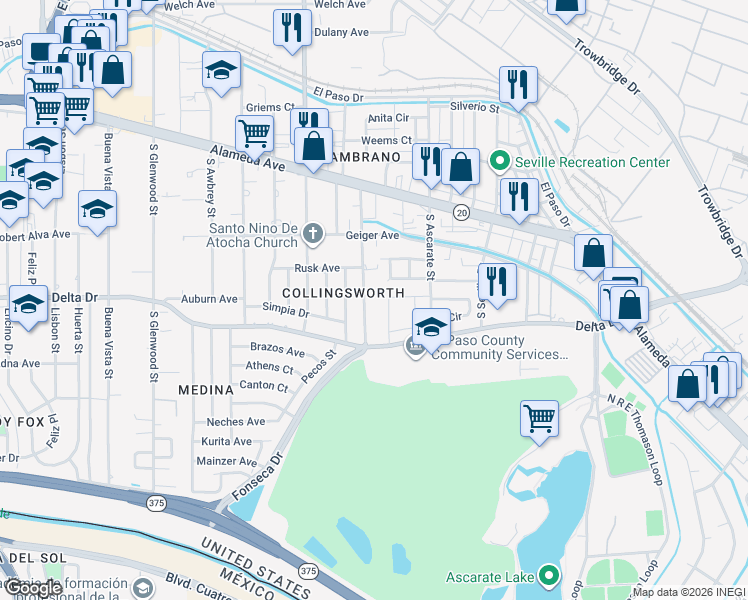map of restaurants, bars, coffee shops, grocery stores, and more near 308 Cargill Street in El Paso