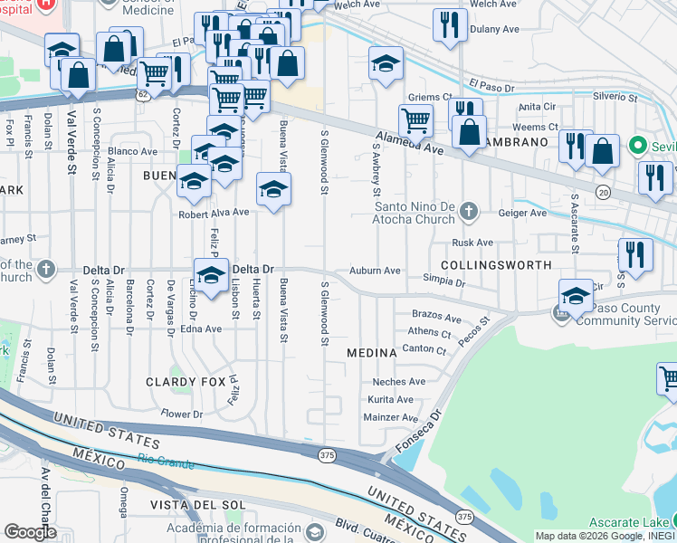 map of restaurants, bars, coffee shops, grocery stores, and more near 308 South Glenwood Street in El Paso