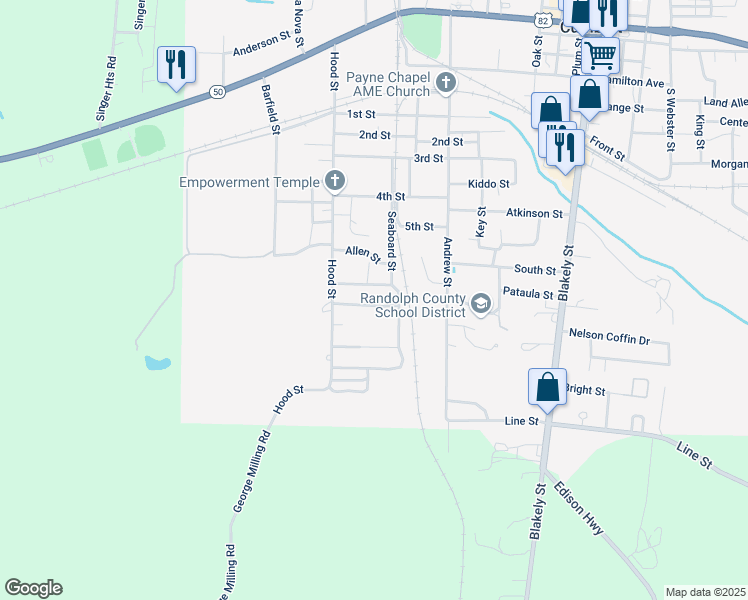 map of restaurants, bars, coffee shops, grocery stores, and more near 88 Cedar Street in Cuthbert