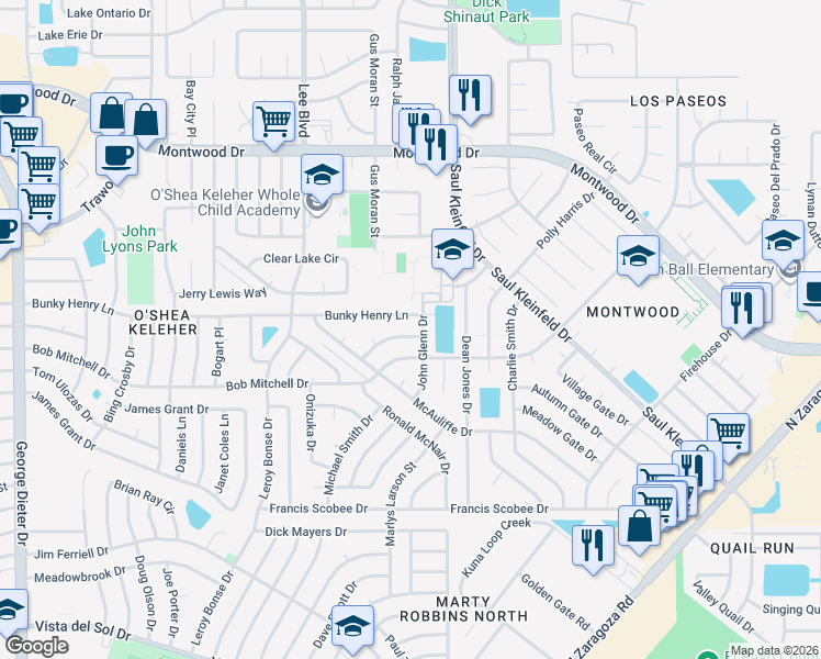 map of restaurants, bars, coffee shops, grocery stores, and more near 11732 Roger Chaffee Lane in El Paso