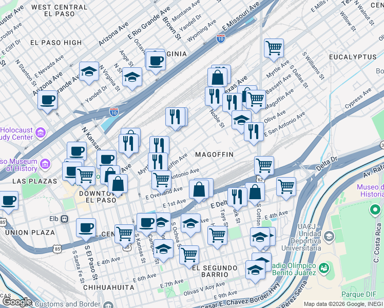 map of restaurants, bars, coffee shops, grocery stores, and more near 912 Magoffin Avenue in El Paso