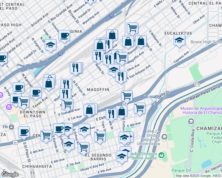 map of restaurants, bars, coffee shops, grocery stores, and more near 111 Park Street in El Paso