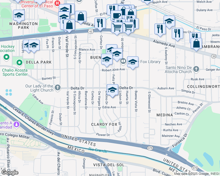 map of restaurants, bars, coffee shops, grocery stores, and more near 5508 Delta Drive in El Paso