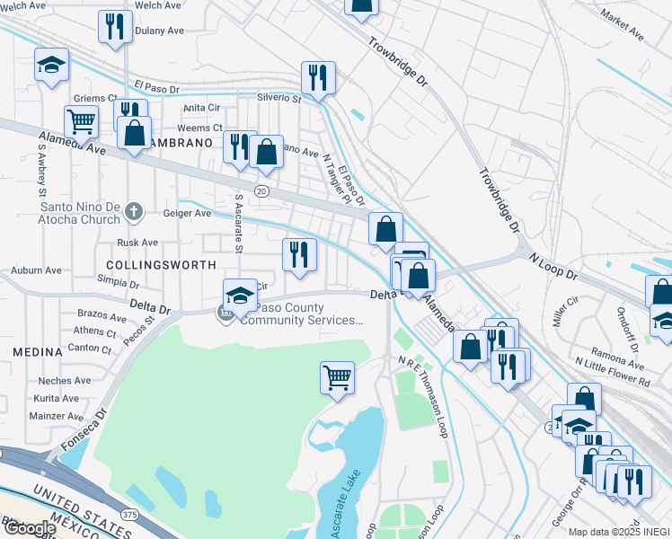 map of restaurants, bars, coffee shops, grocery stores, and more near 303 Malaga Place in El Paso