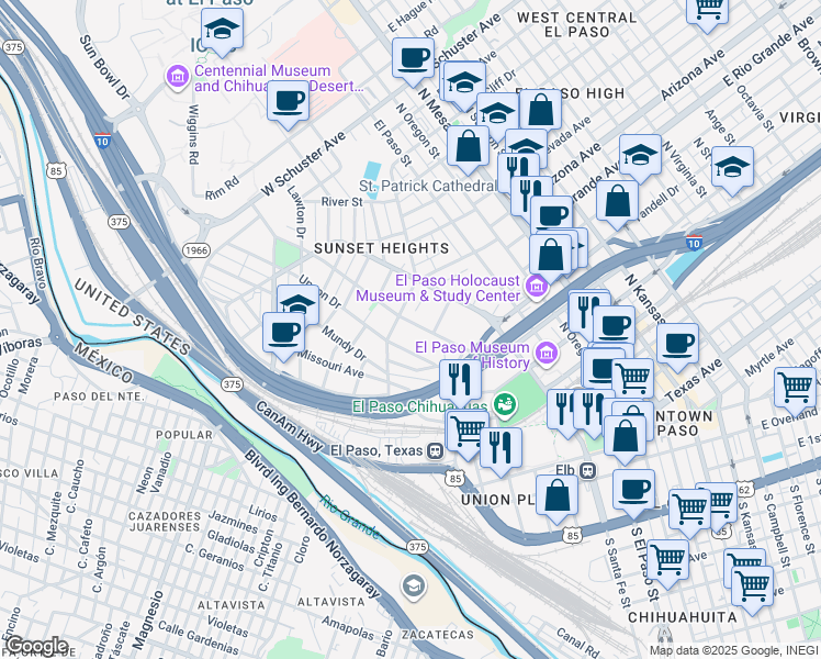 map of restaurants, bars, coffee shops, grocery stores, and more near 620 Prospect Street in El Paso