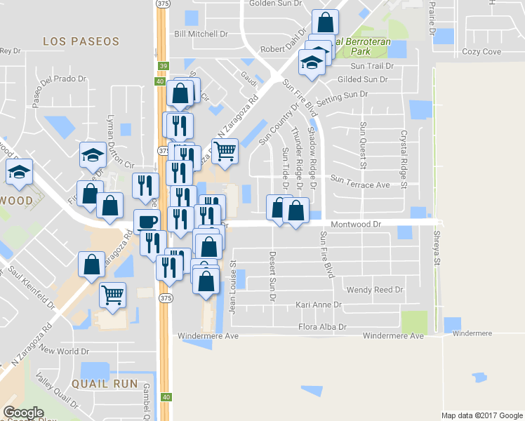 map of restaurants, bars, coffee shops, grocery stores, and more near 12424 Sun Willow Avenue in El Paso