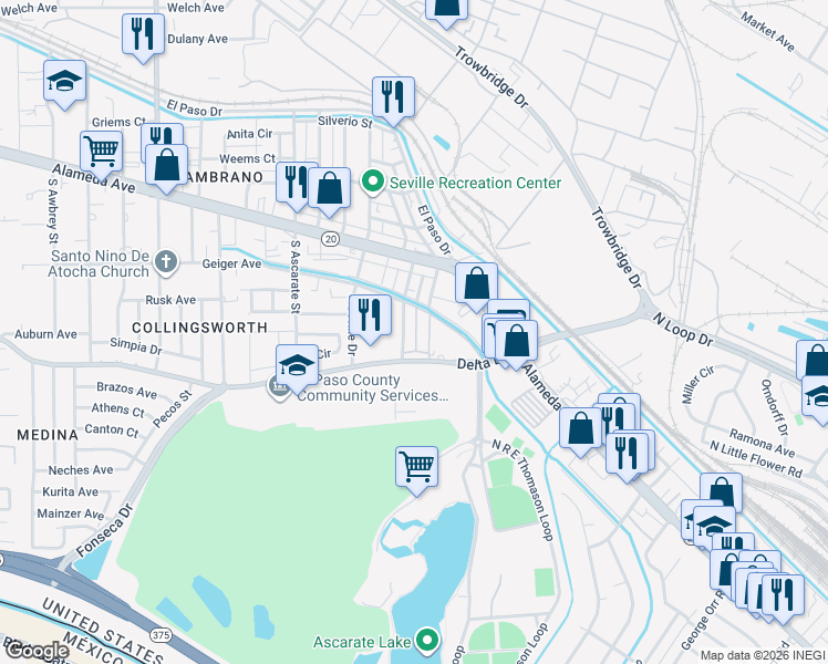 map of restaurants, bars, coffee shops, grocery stores, and more near 303 Malaga Place in El Paso
