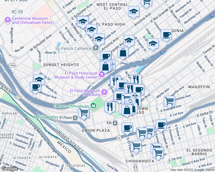 map of restaurants, bars, coffee shops, grocery stores, and more near 600 El Paso Street in El Paso